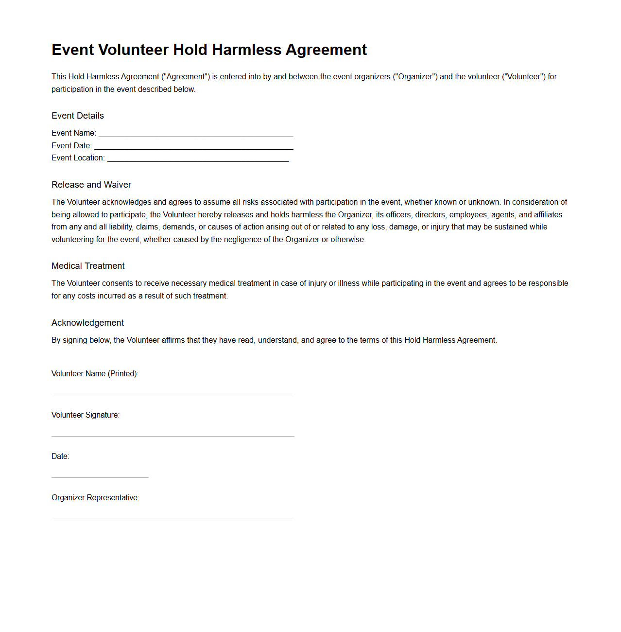 Event Volunteer Hold Harmless Template