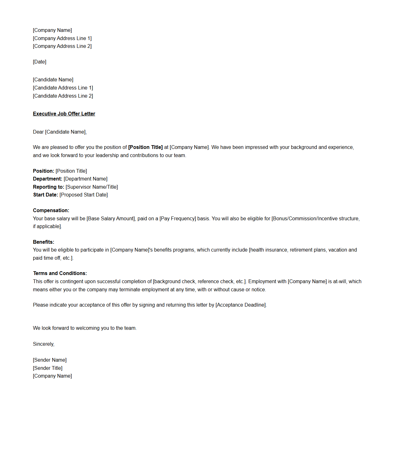 Executive Job Offer Letter Template