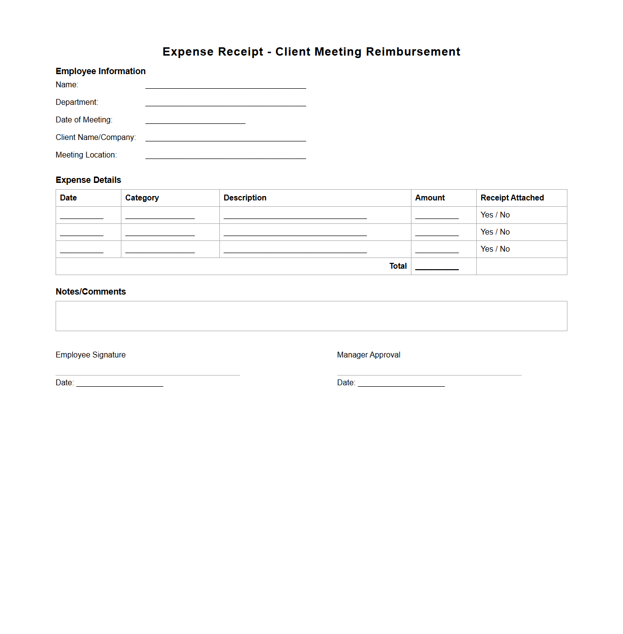 Expense Receipt Template for Client Meeting Reimbursements