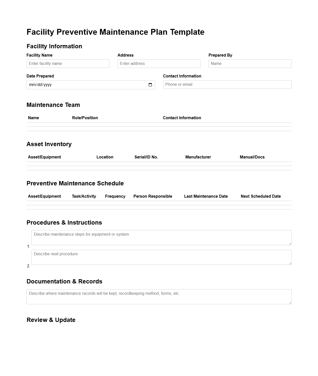 Facility Preventive Maintenance Plan Template