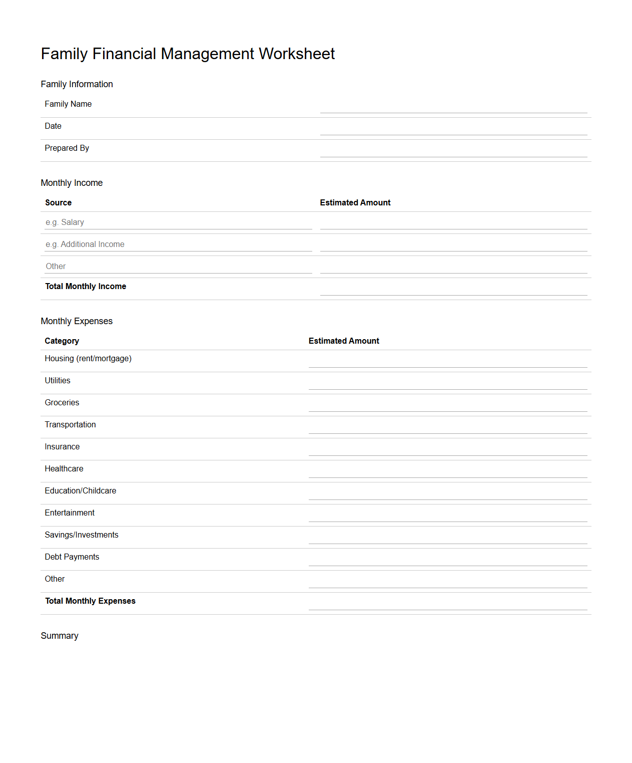 Family Financial Management Worksheet