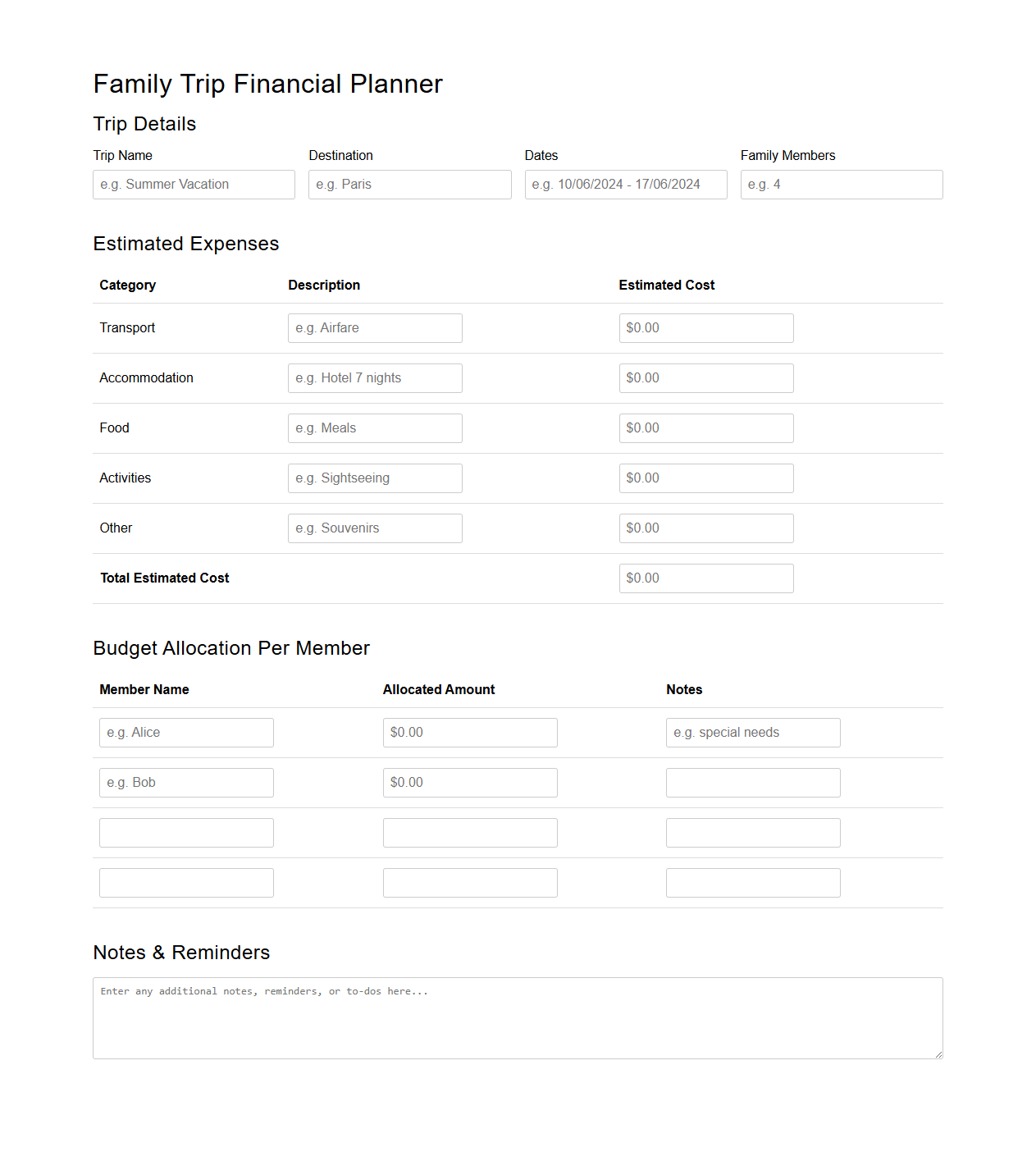 Family Trip Financial Planner Template