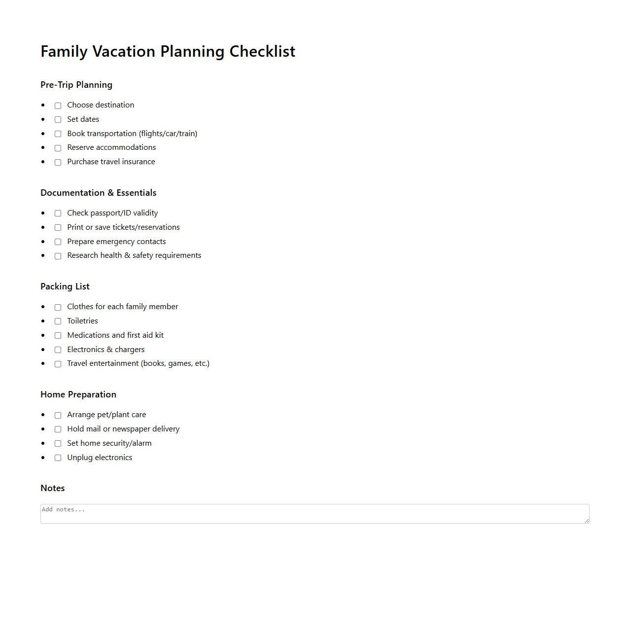 Family Vacation Planning Checklist Template