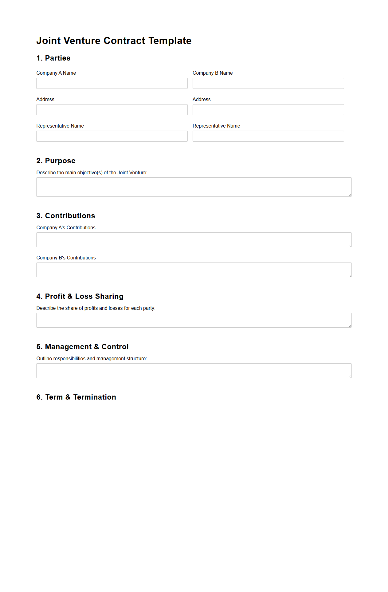Fillable Joint Venture Contract Template for Companies