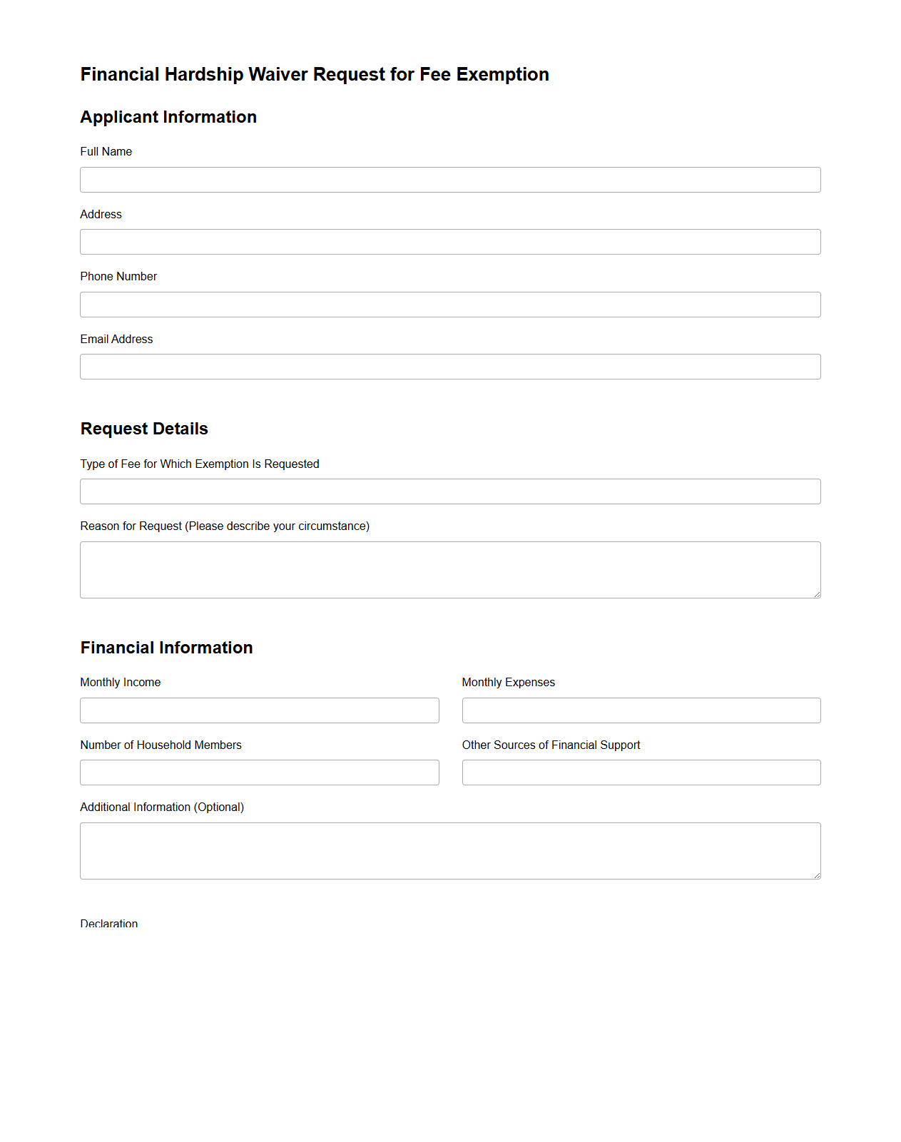 Financial Hardship Waiver Template for Fee Exemption