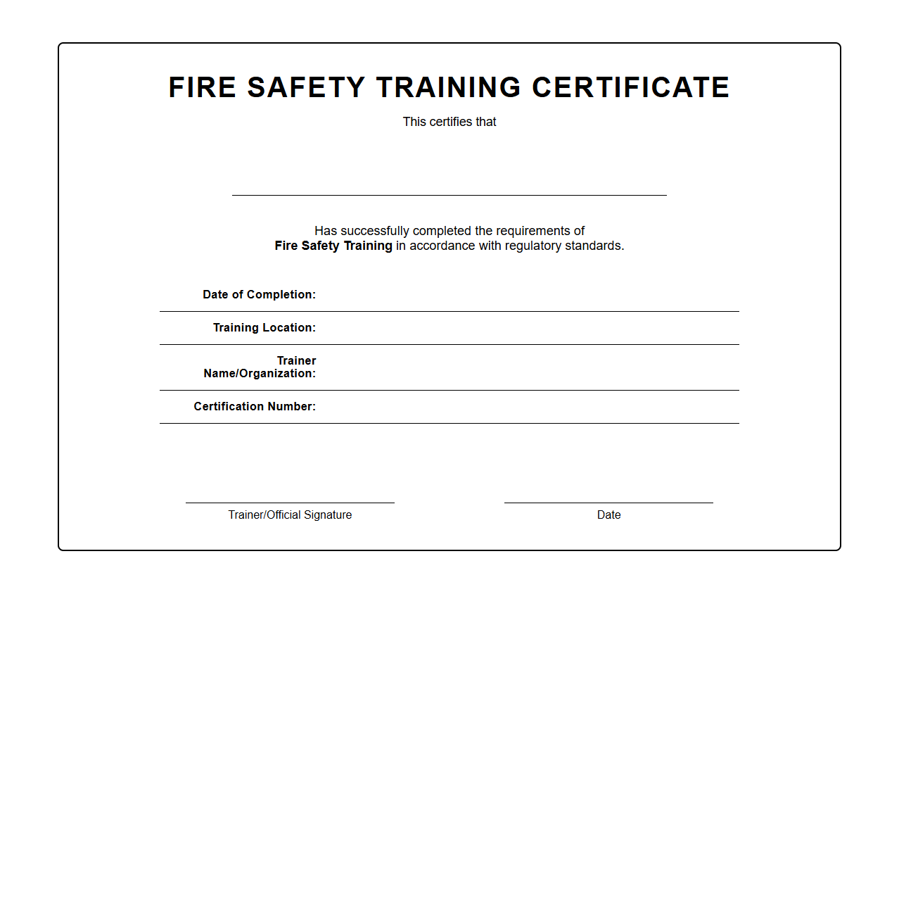 Fire Safety Training Certificate Template Blank for Regulatory Standards