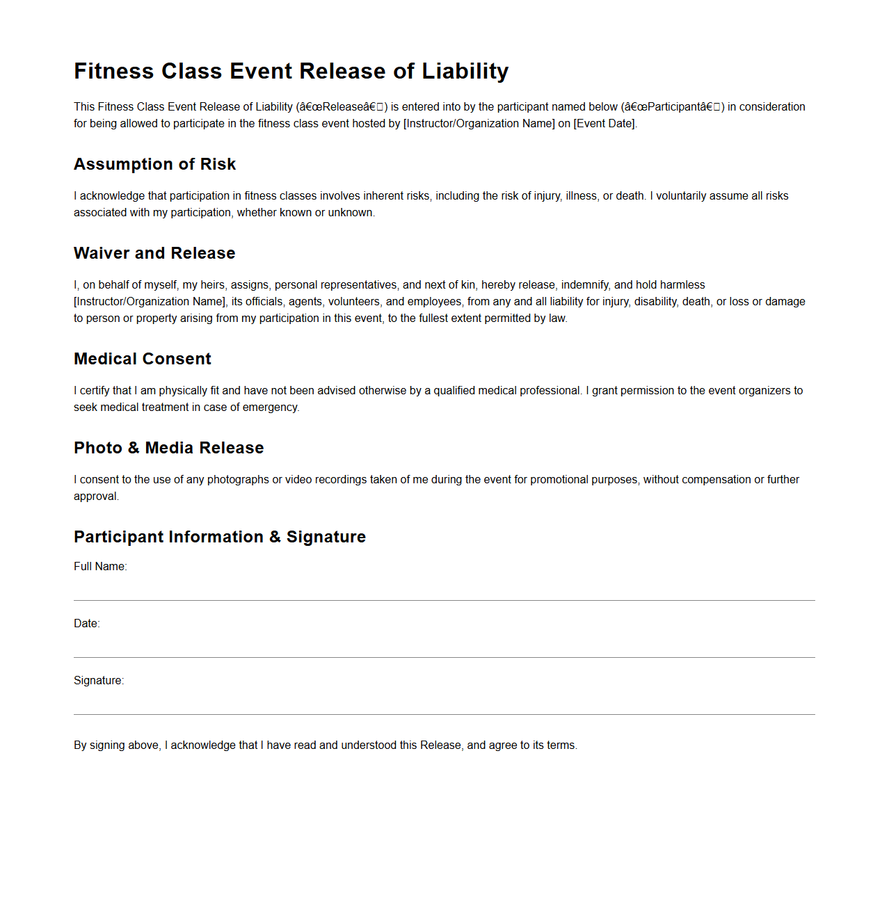 Fitness Class Event Release of Liability Template