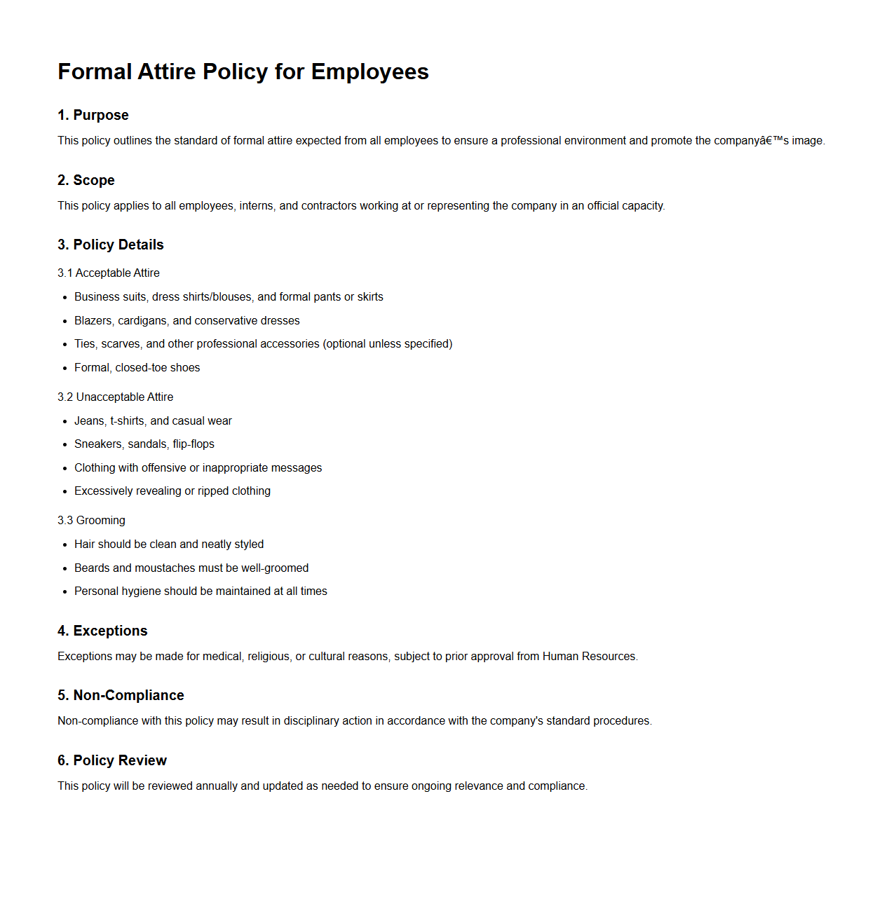 Formal Attire Policy Structure for Employees