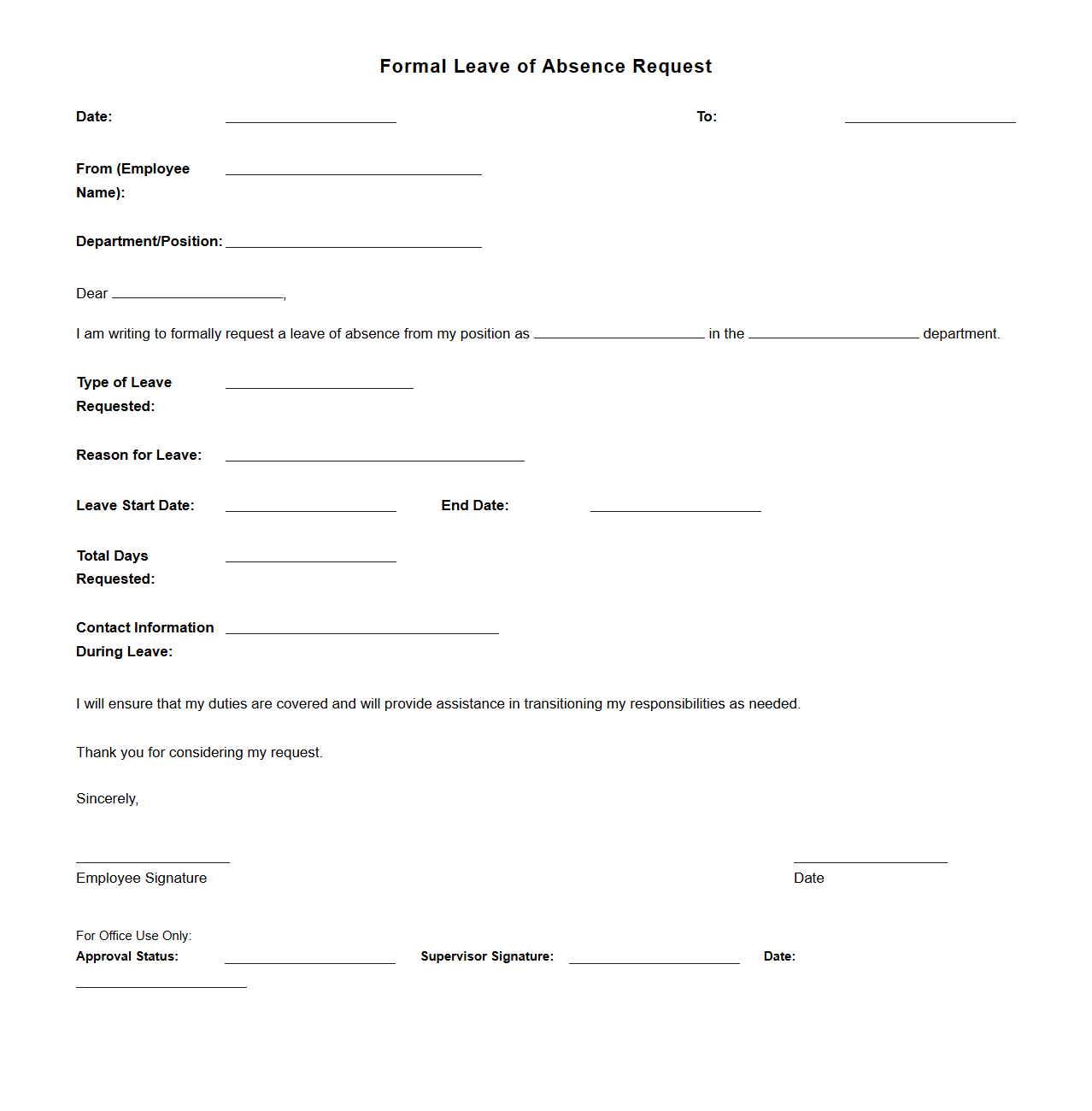 Formal Blank Leave of Absence Request Template