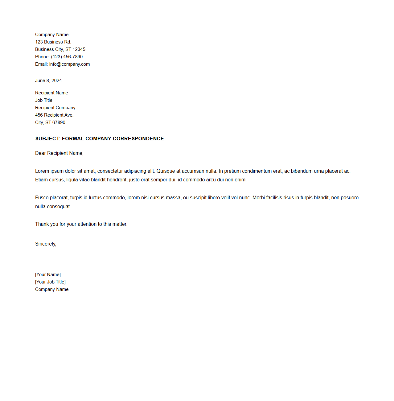 Formal Company Correspondence Layout