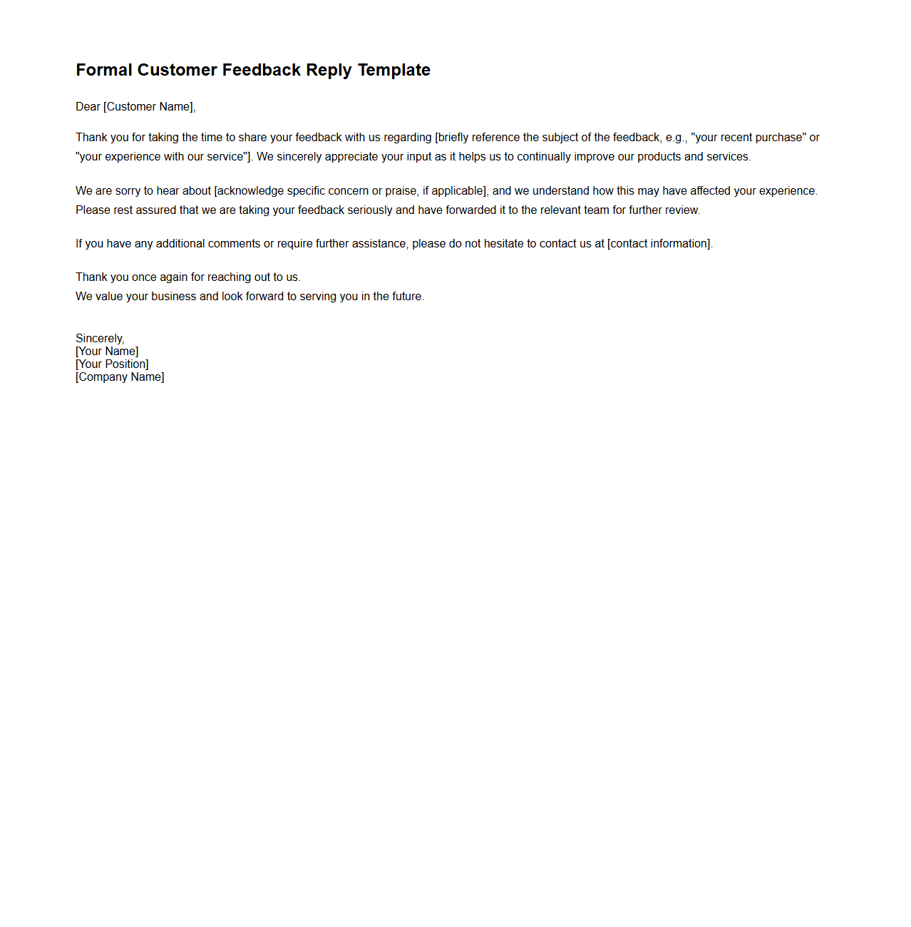 Formal Customer Feedback Reply Template