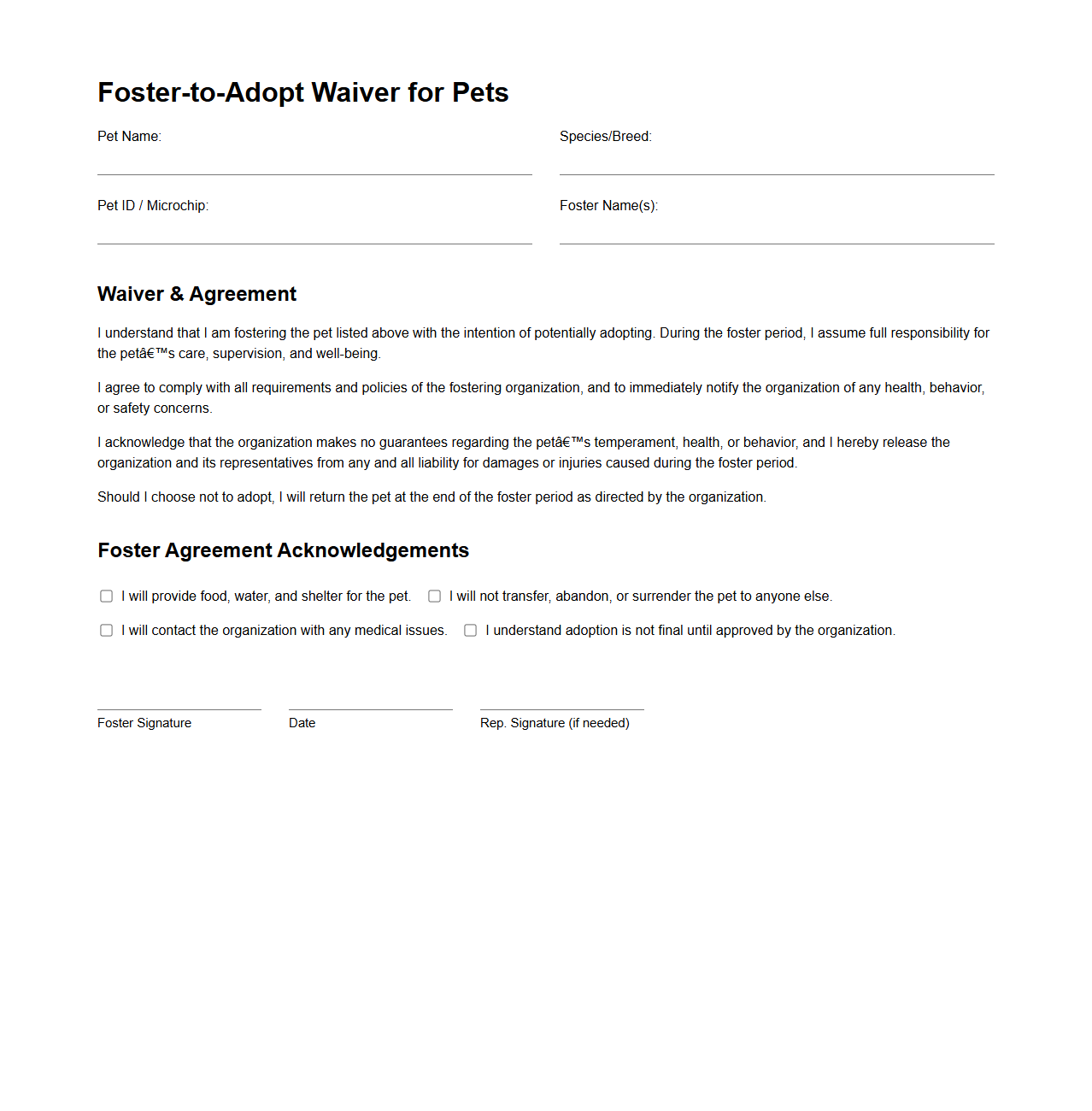Foster-to-Adopt Waiver for Pets