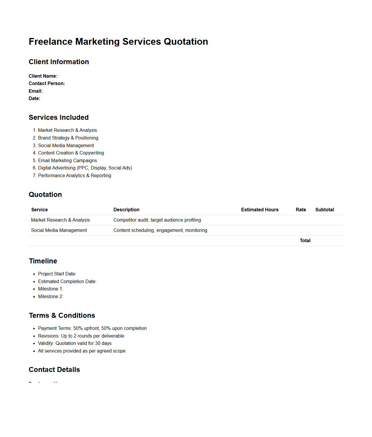 Freelance Marketing Services Quotation Outline
