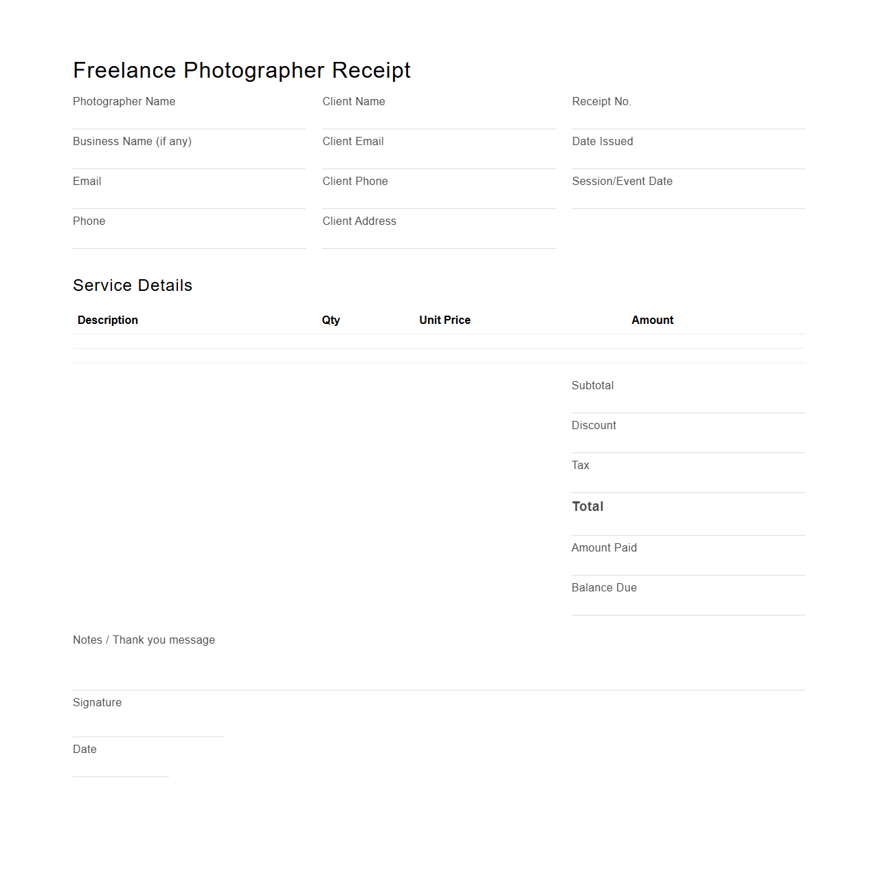 Freelance Photographer Receipt Template