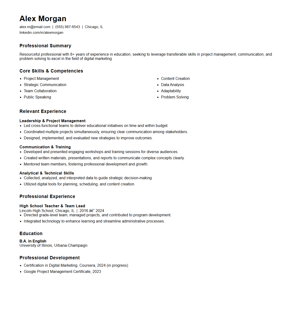 Functional Format Resume for Career Shifters