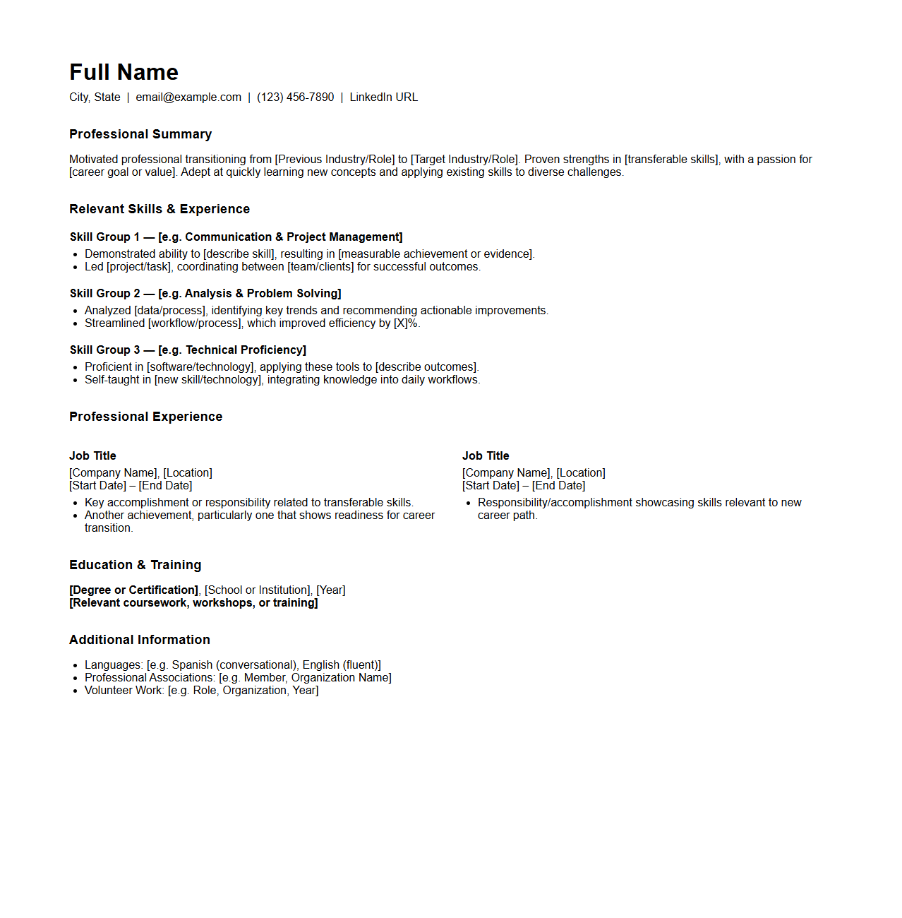 Functional Resume Template Focused on Career Transitions