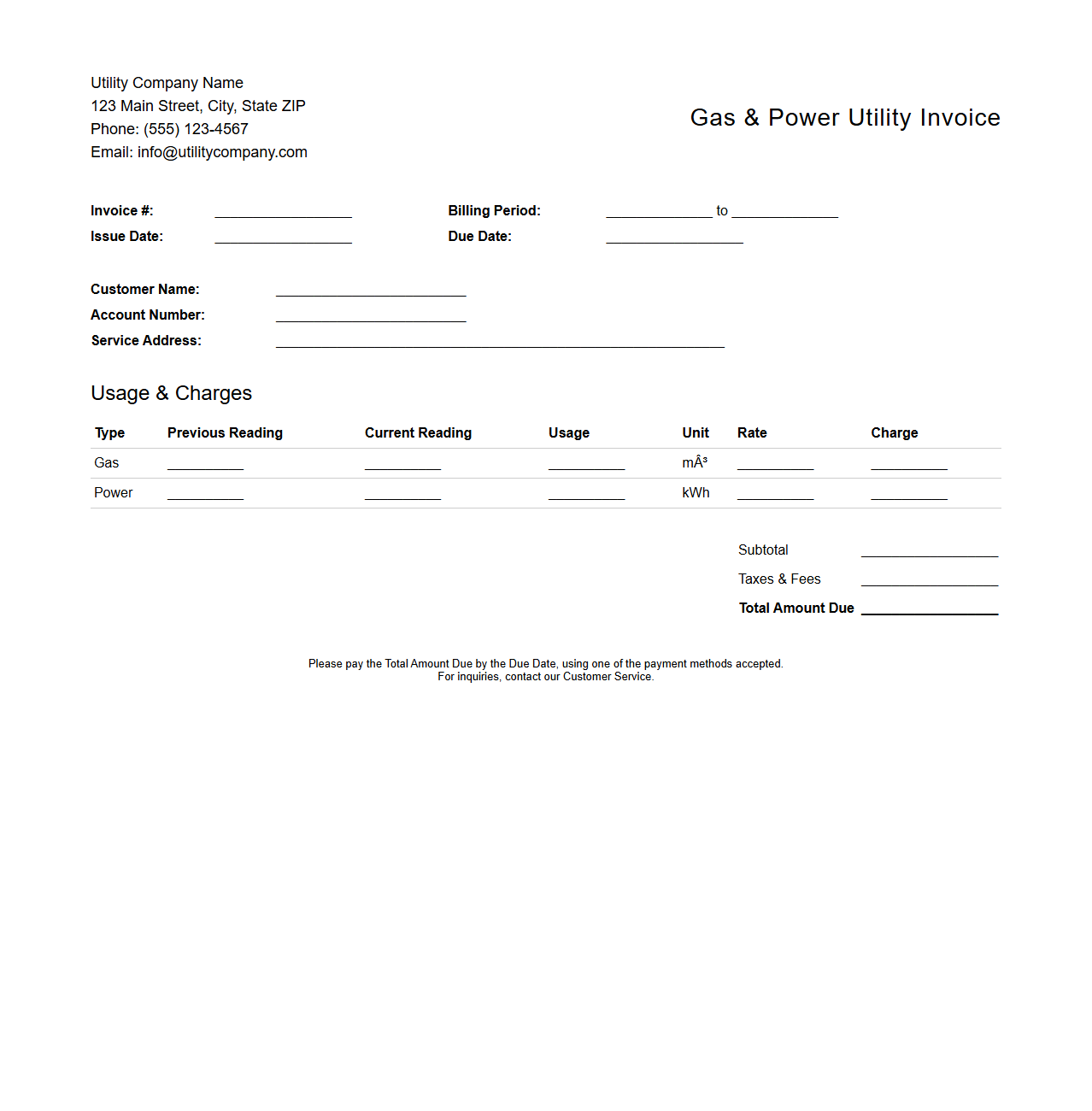 Gas and Power Utility Invoice Template for Billing Cycles