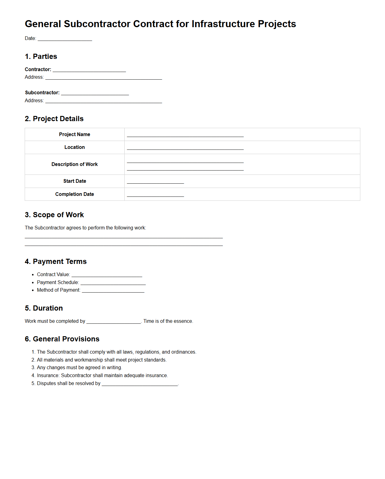 General Blank Subcontractor Contract for Infrastructure Projects