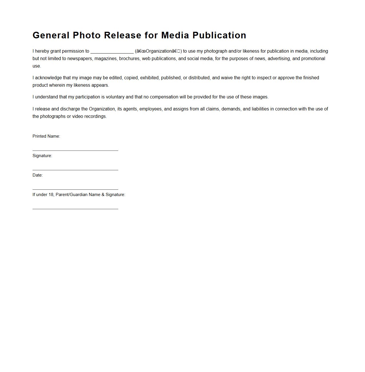 General Photo Release for Media Publication