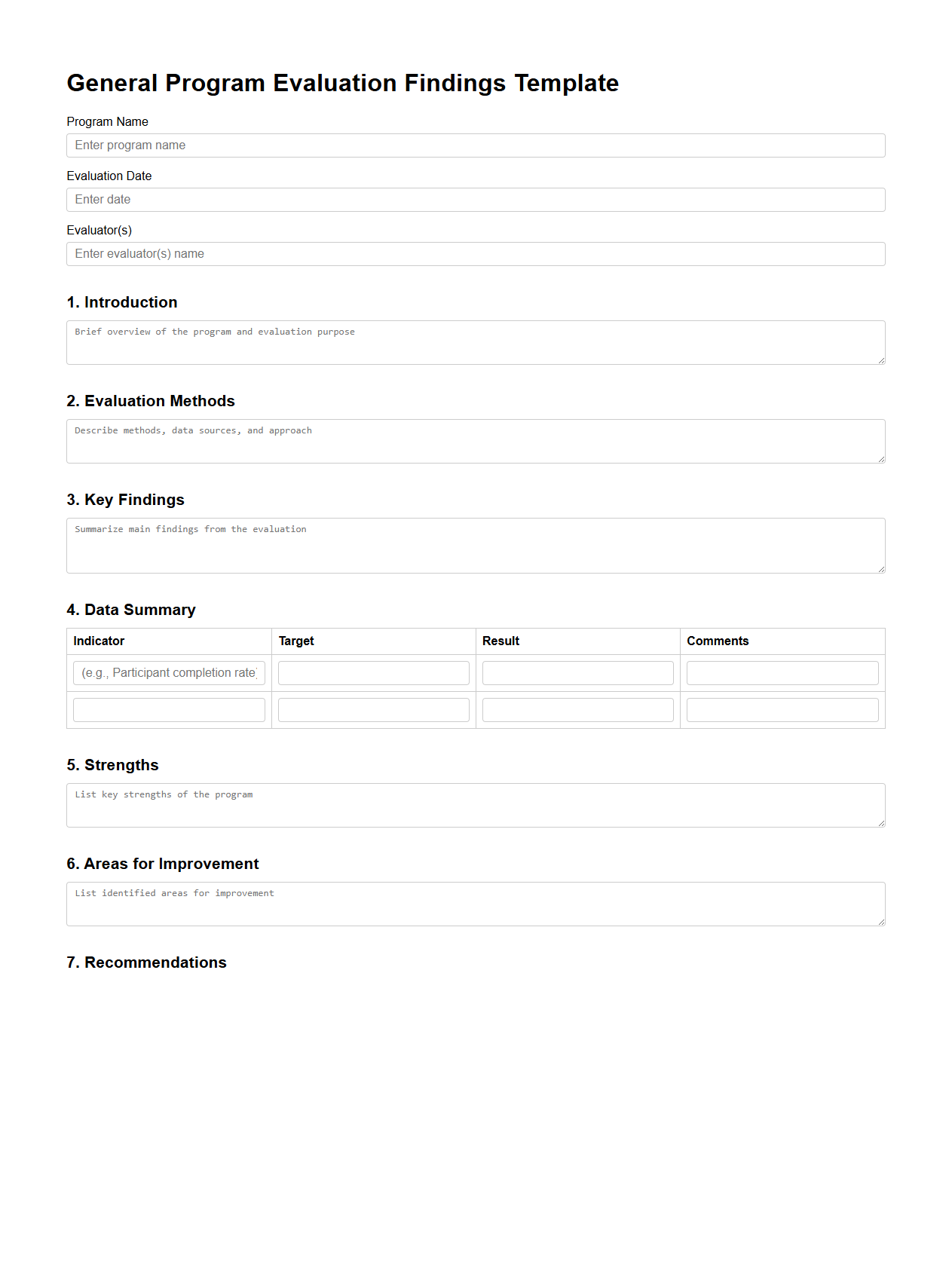 General Program Evaluation Findings Template