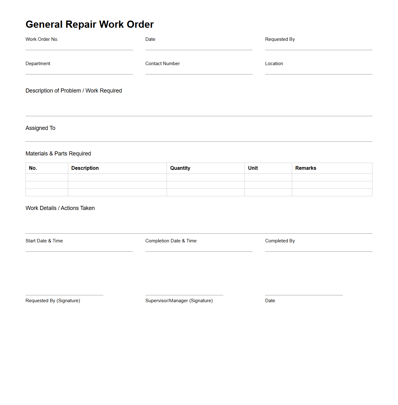 General Repair Work Order Document