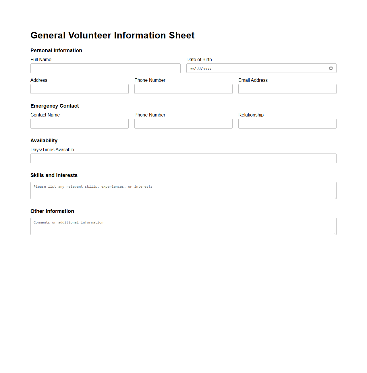 General Volunteer Information Sheet Template