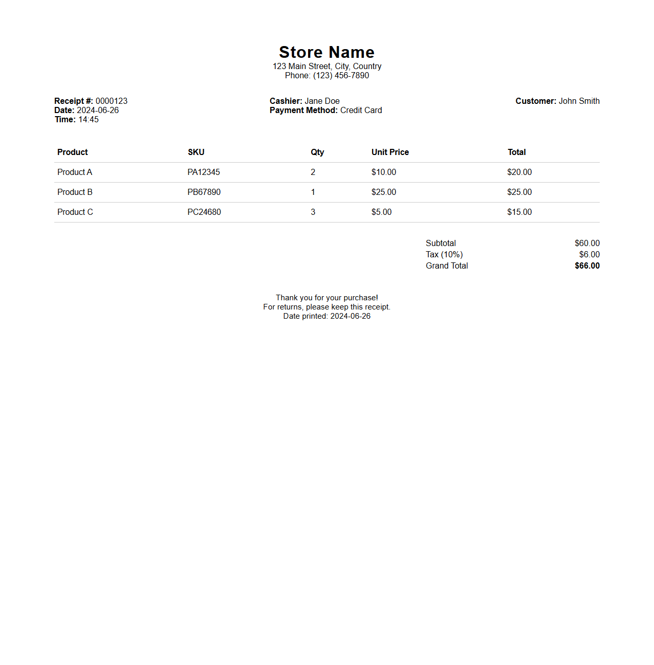 Generic Product Purchase Receipt for Retail Stores