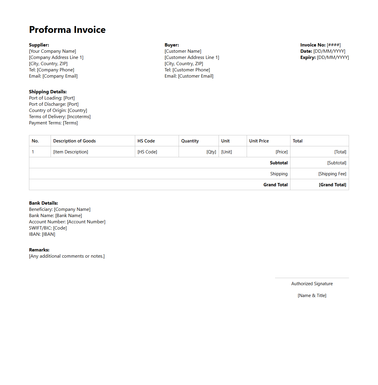 Generic Proforma Invoice Page for International Customers