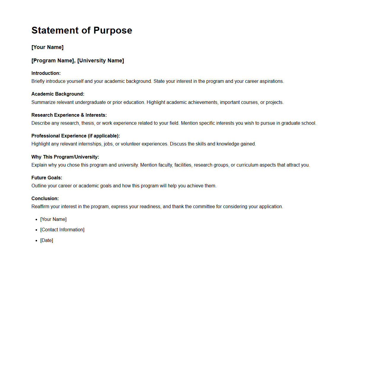 Graduate School SOP Sample Template