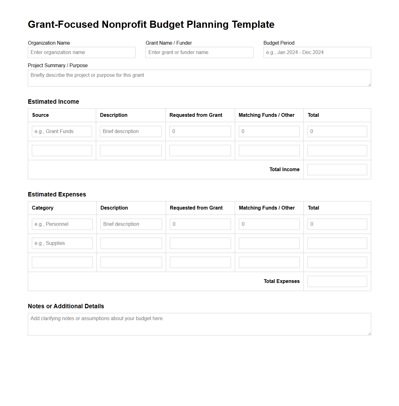 Grant-Focused Nonprofit Budget Planning Template