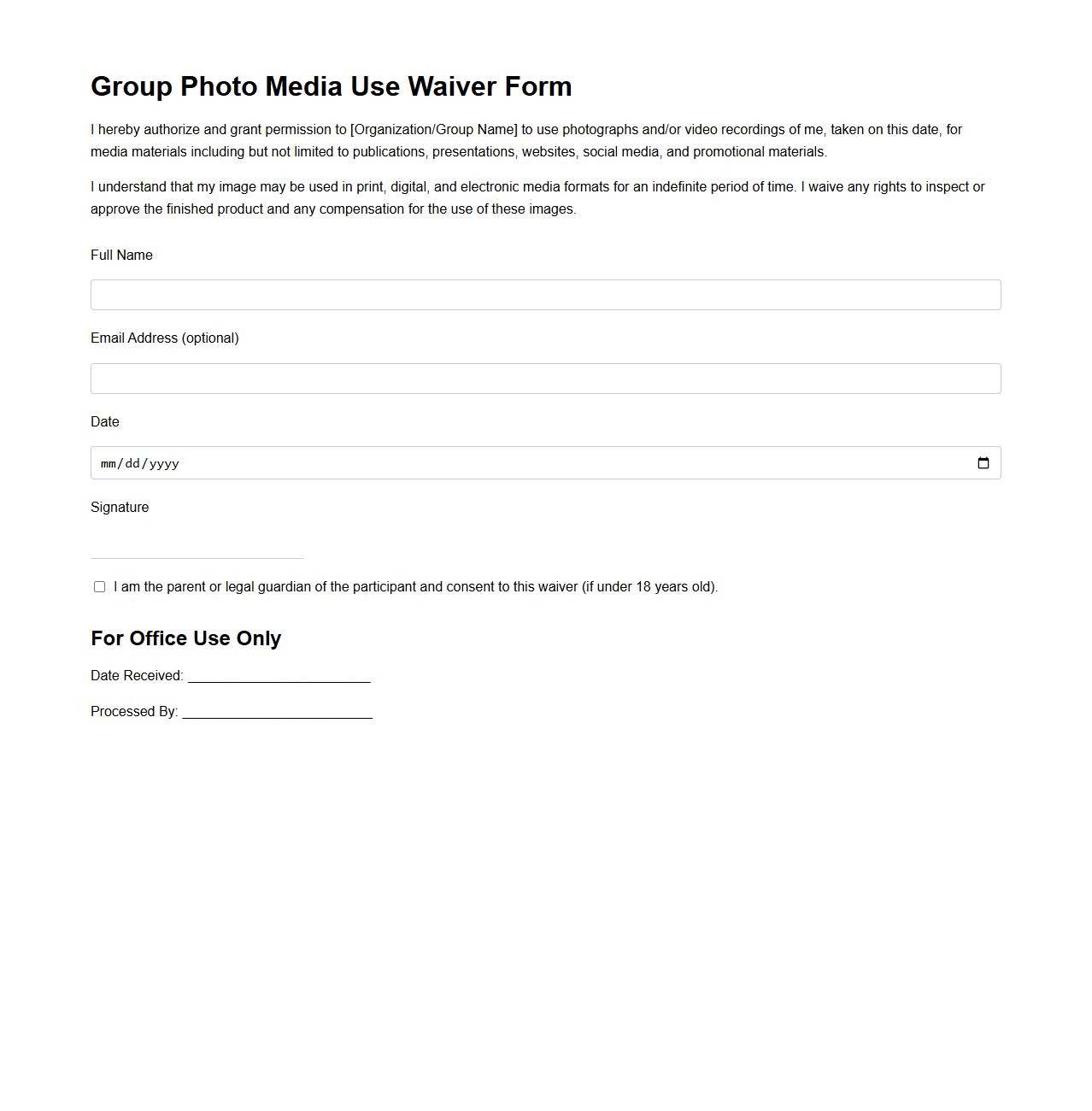 Group Photo Media Use Waiver Form