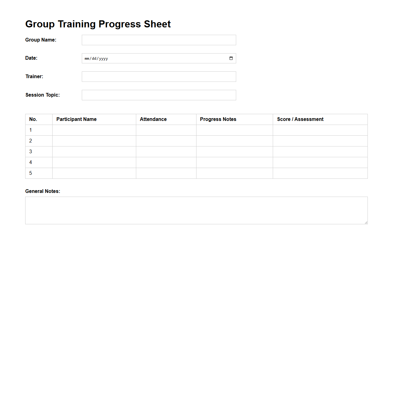 Group Training Progress Sheet