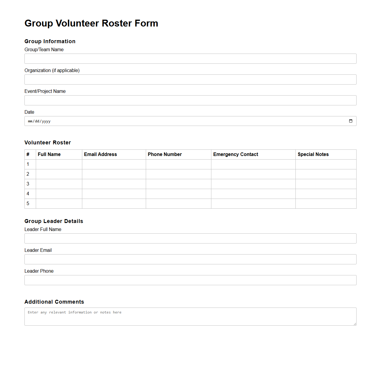 Group Volunteer Roster Form Template for Nonprofits