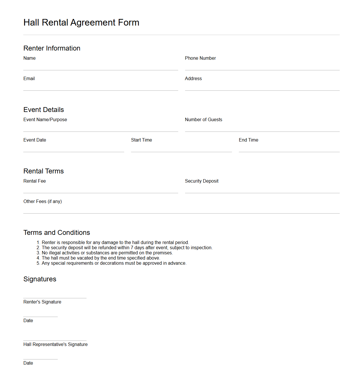 Hall Rental Agreement Form Template