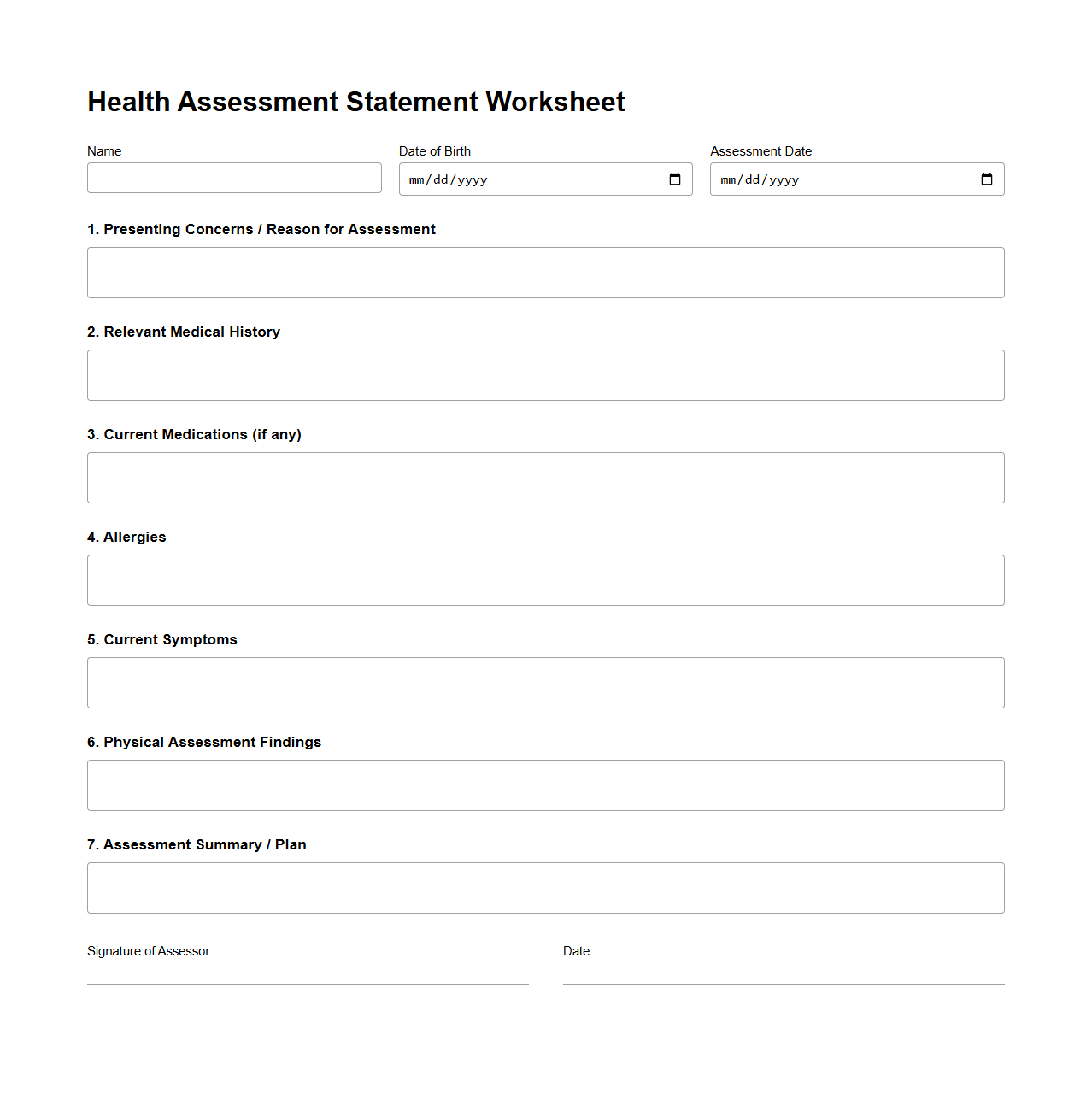 Health Assessment Statement Worksheet