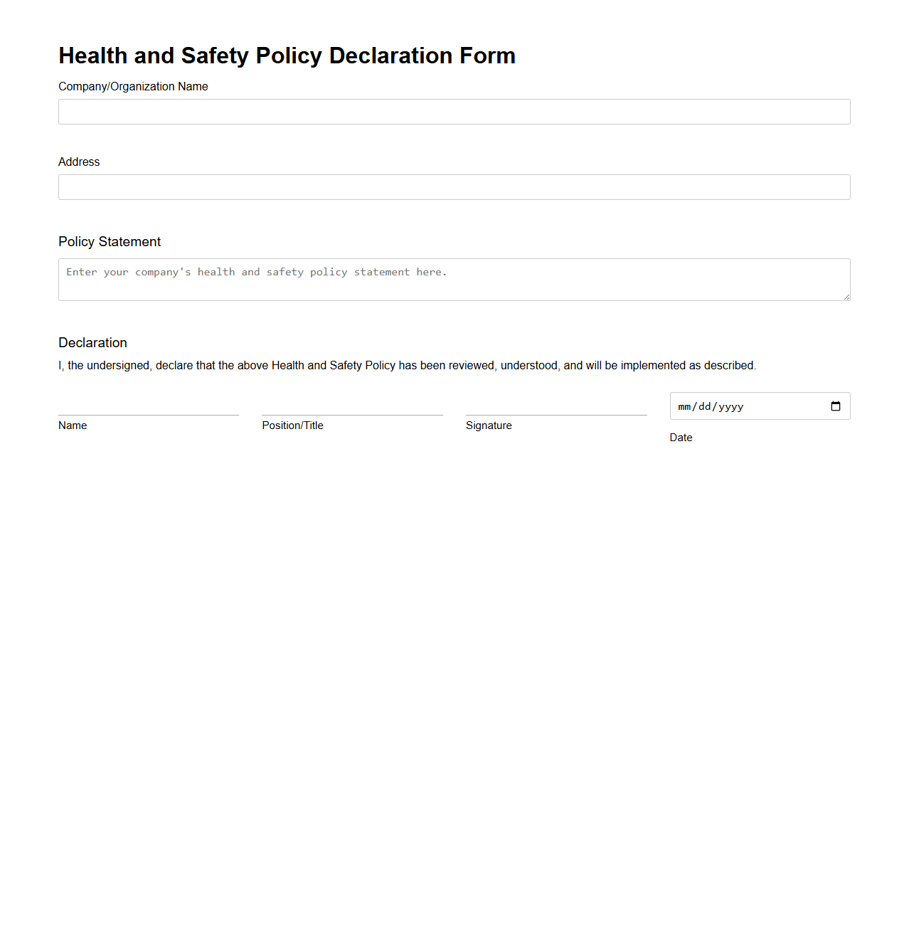Health and Safety Policy Declaration Form