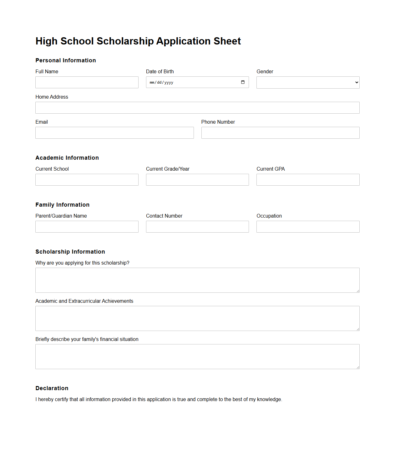 High School Scholarship Application Sheet