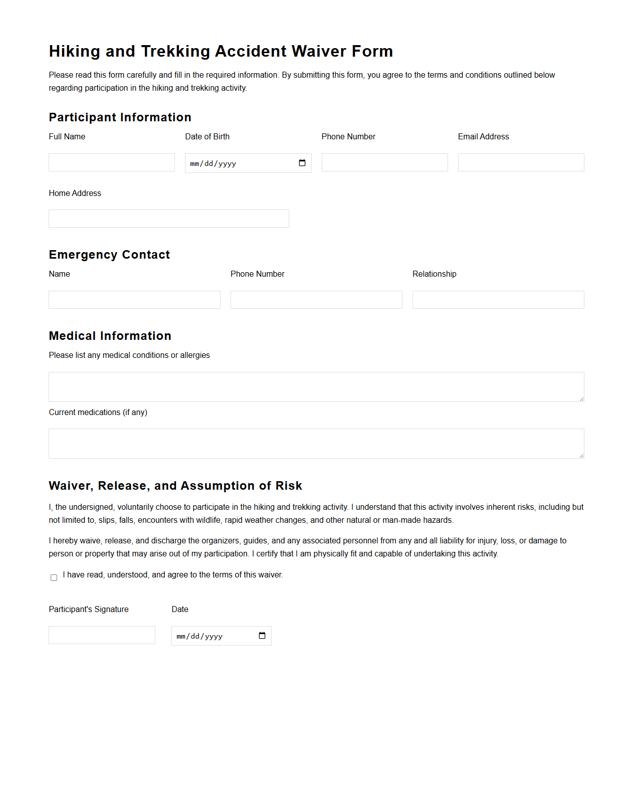 Hiking and Trekking Accident Waiver Form