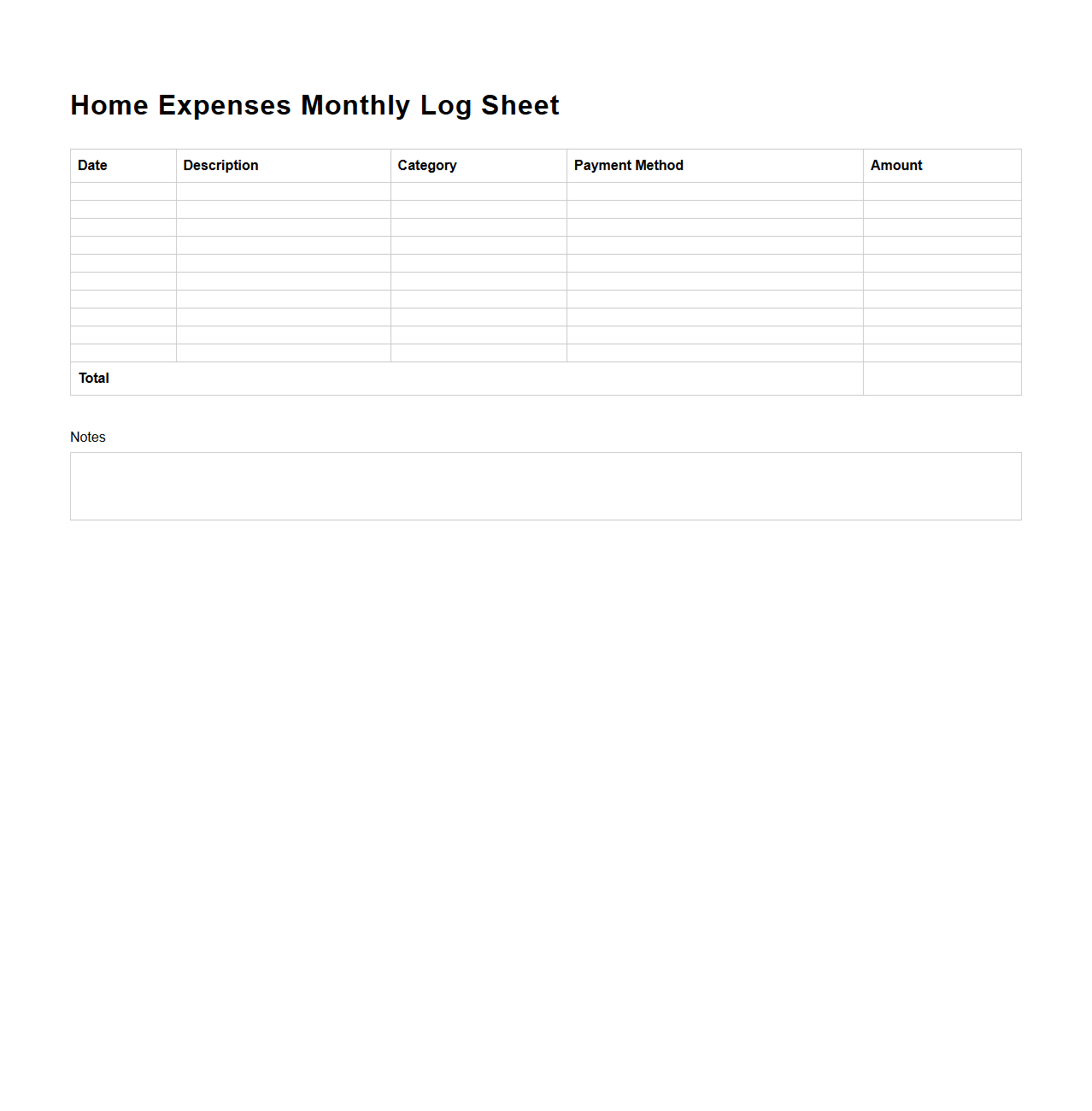 Home Expenses Monthly Log Sheet