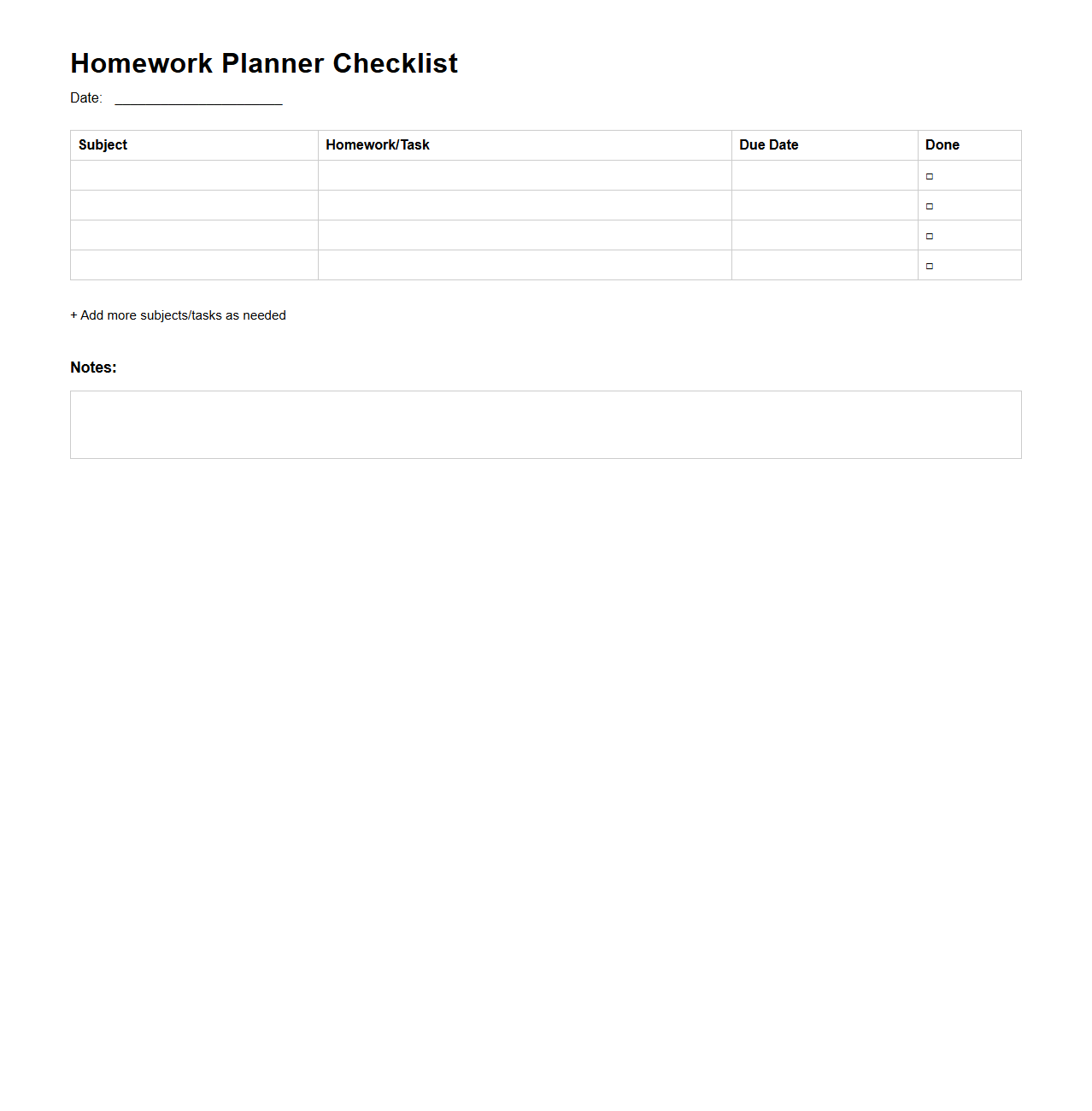 Homework Planner Checklist for Elementary Students