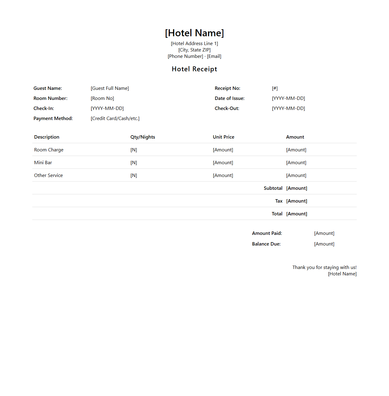 Hotel Receipt Template for Guest Charges