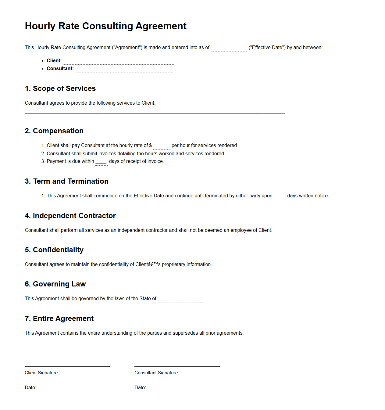 Hourly Rate Consulting Agreement Template