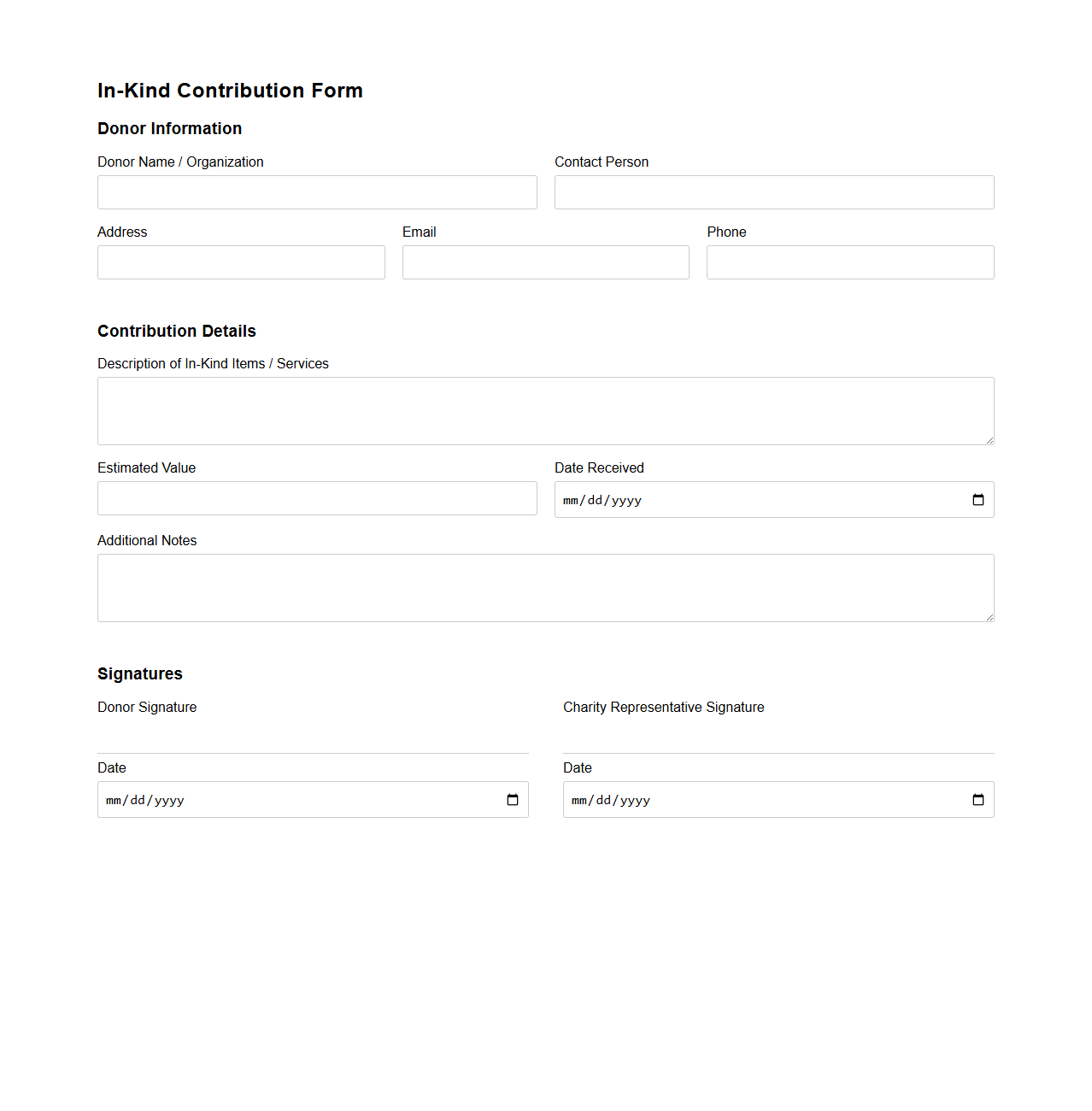 In-Kind Contribution Blank Form for Charity Drives