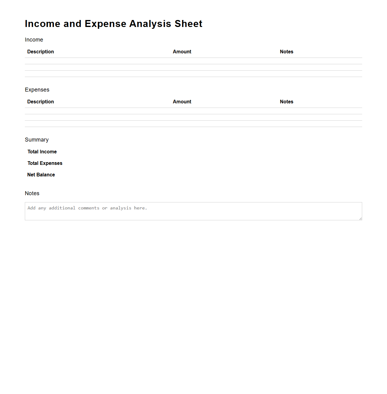 Income and Expense Analysis Sheet