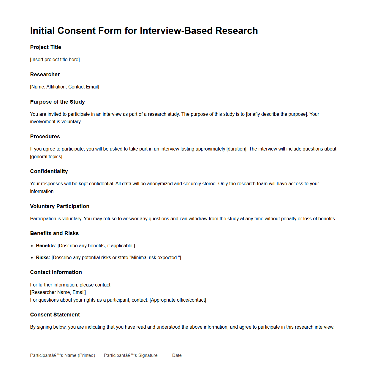 Initial Consent Form Layout for Interview-Based Research