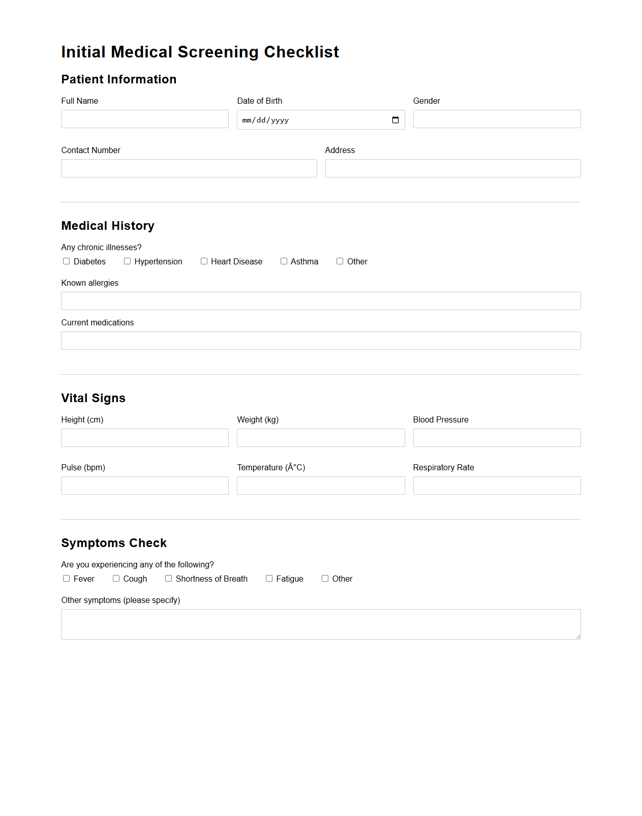 Initial Medical Screening Checklist Template