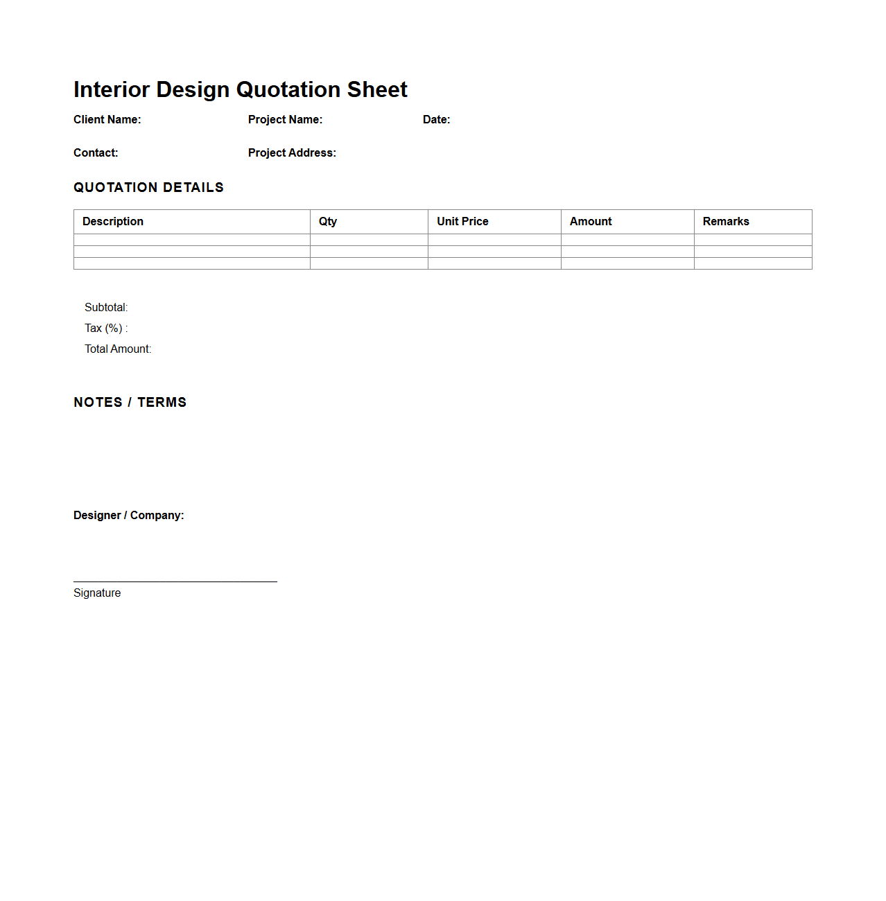 Interior Design Quotation Sheet