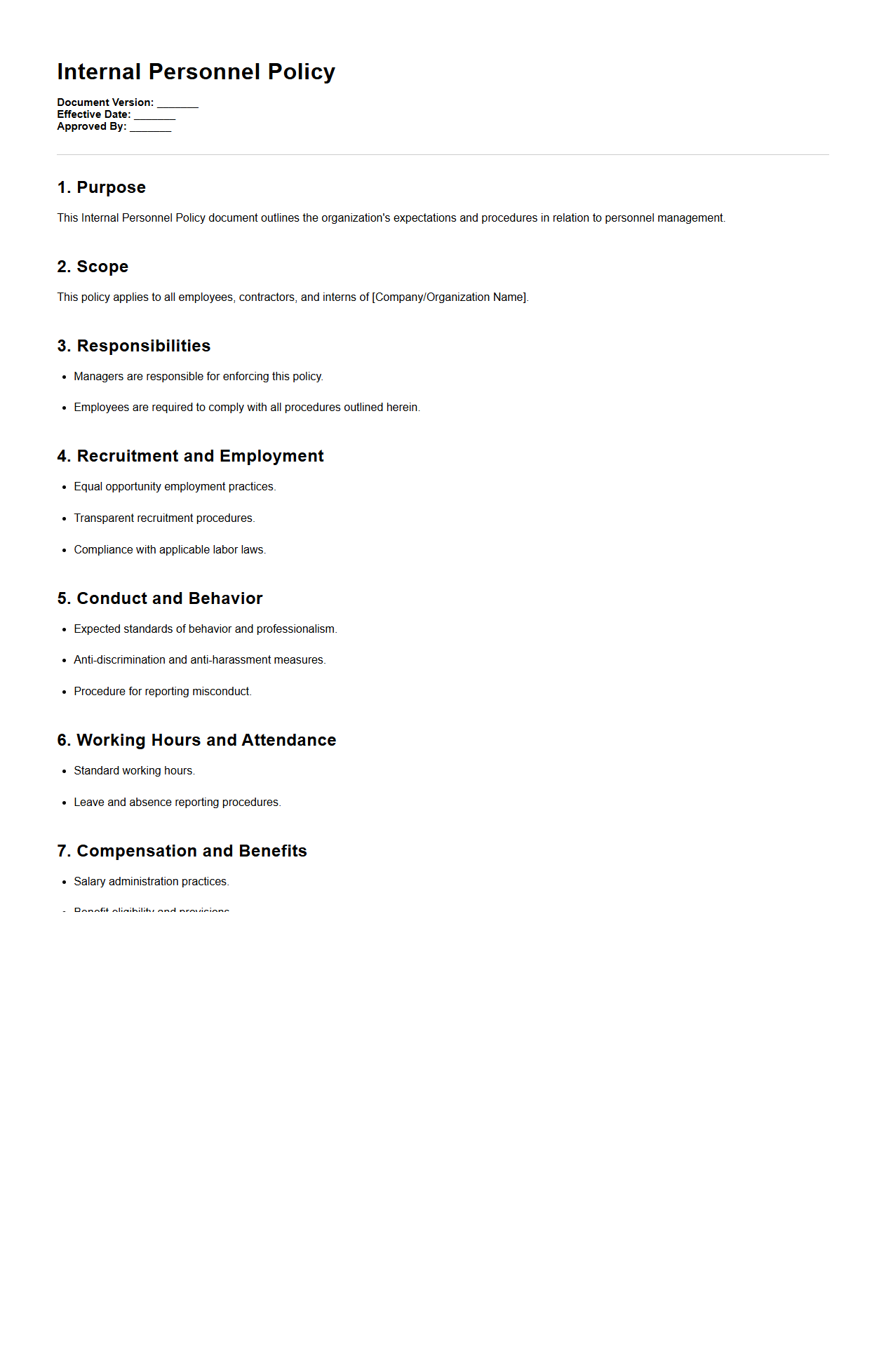 Internal Personnel Policy Template