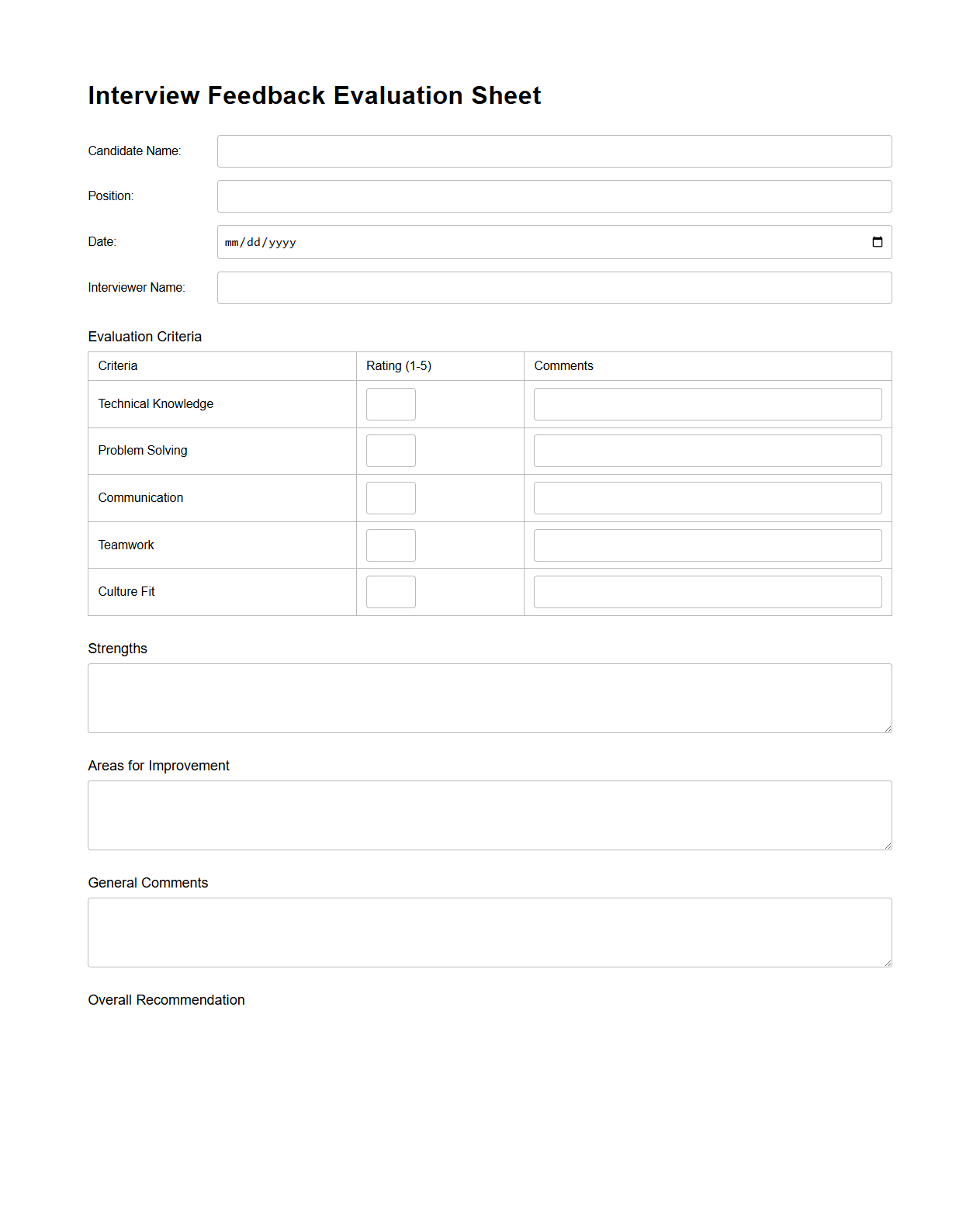 Interview Feedback Evaluation Sheet Template