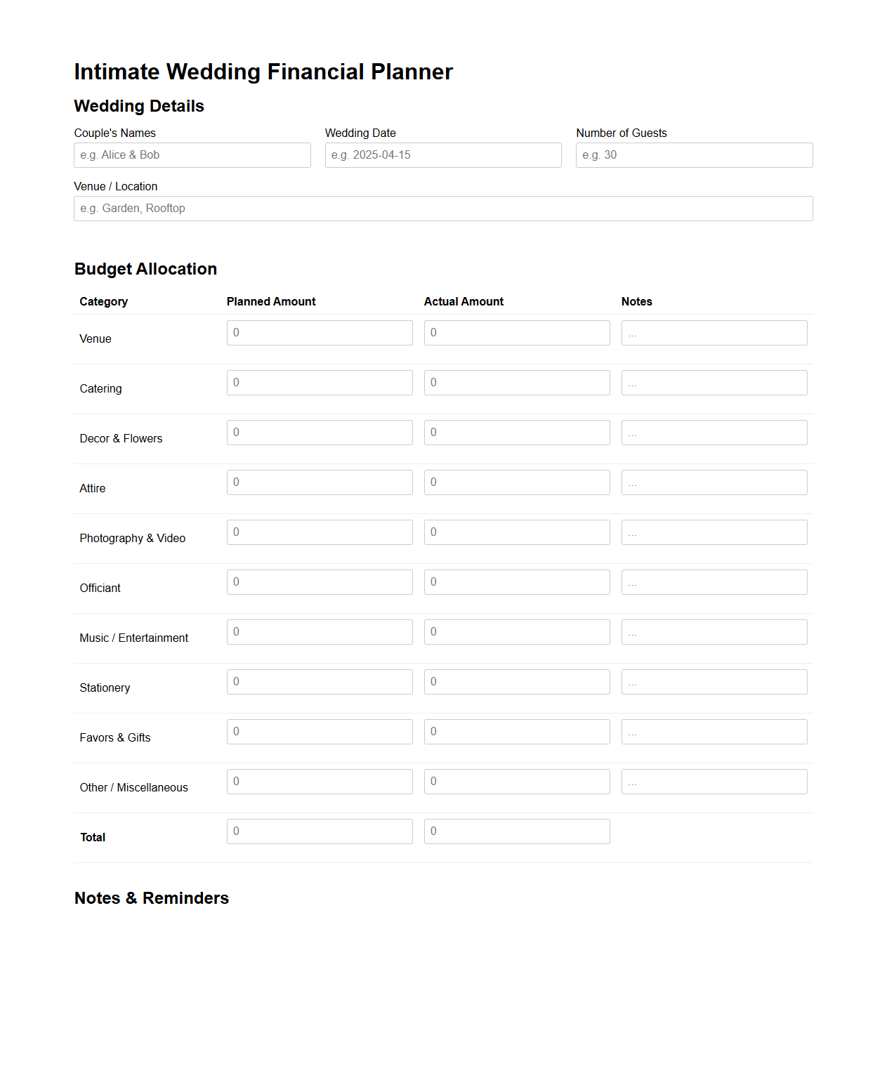 Intimate Wedding Financial Planner